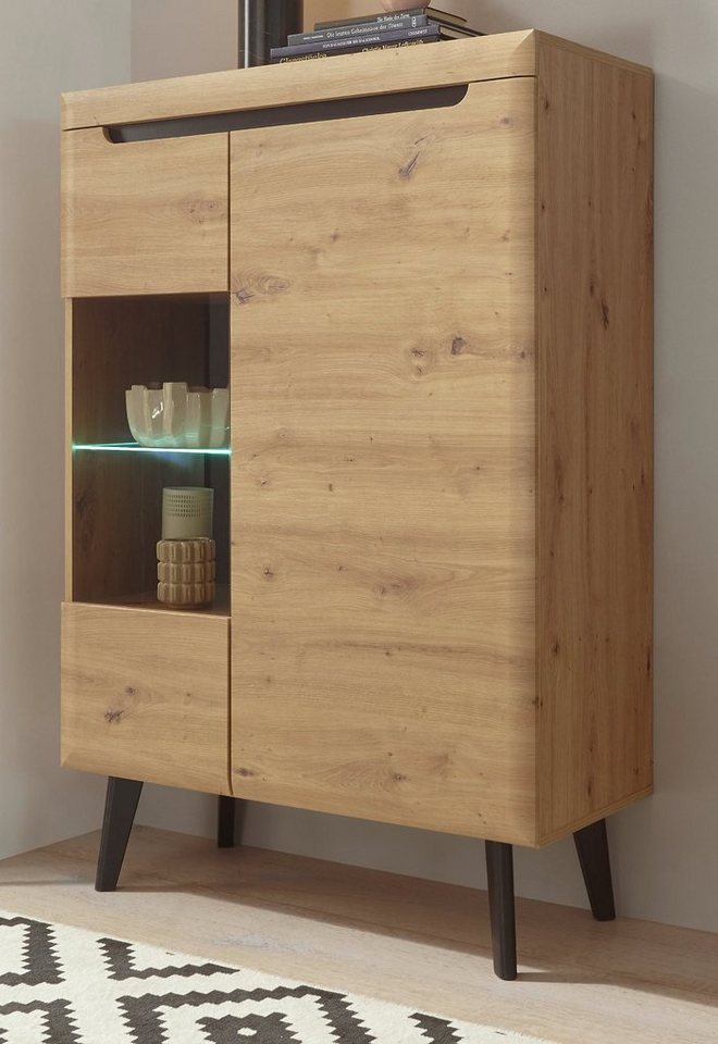 Furn.Design Highboard Ronson (Kommode in Eiche Artisan mit schwarz, 90 x 134 cm), mit Parsol-Glas von Furn.Design