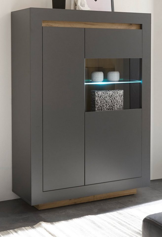 Furn.Design Highboard Rooky (Vitrine 2-türig Anthrazit, 96 x 136 cm), matt, mit Eiche Wotan von Furn.Design