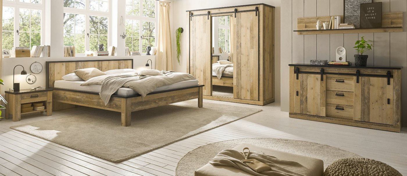 Furn.Design Komplettschlafzimmer Stove, (in Used Wood, Set 6-teilig, Liegefläche 180x200 cm), mit Soft-Close, mit Schiebetüren von Furn.Design