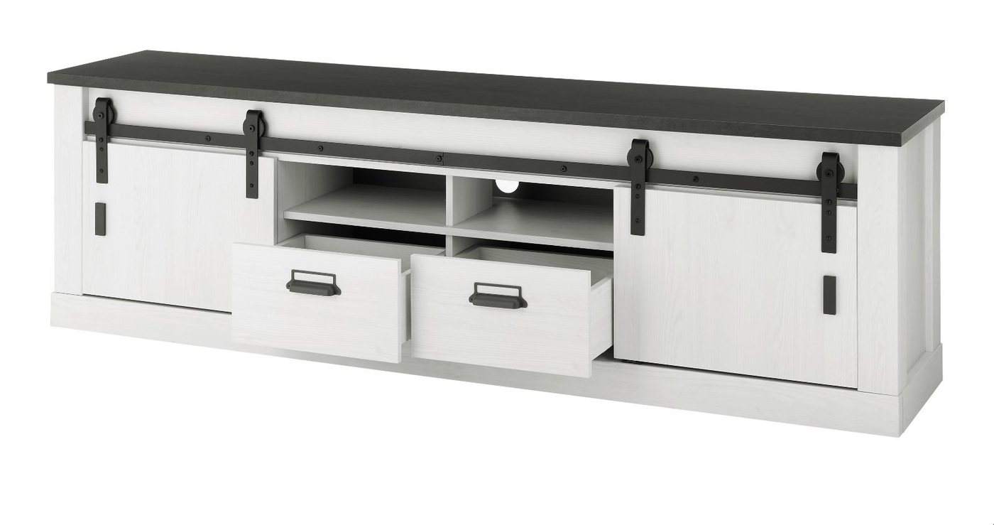 Furn.Design Lowboard Stove (TV Unterschrank in Pinie weiß Landhaus, 201 x 61 cm), mit Schiebetüren, Scheunentorbeschlag von Furn.Design