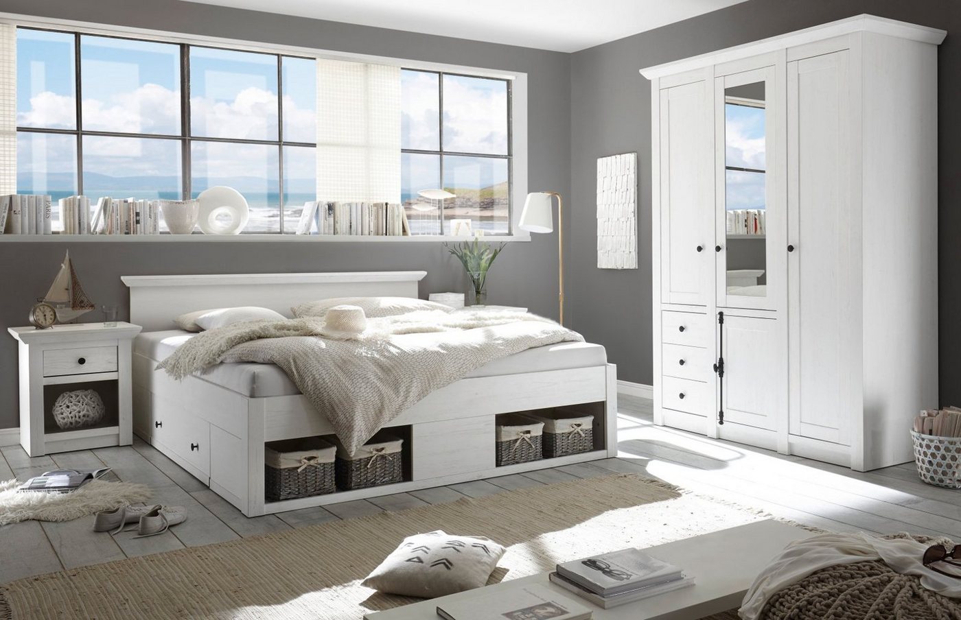 Furn.Design Schlafzimmer-Set Hooge, (in Pinie weiß Landhaus, Komplett-Set 3-teilig), inklusive Bettschubkästen und großem Kleiderschrank von Furn.Design