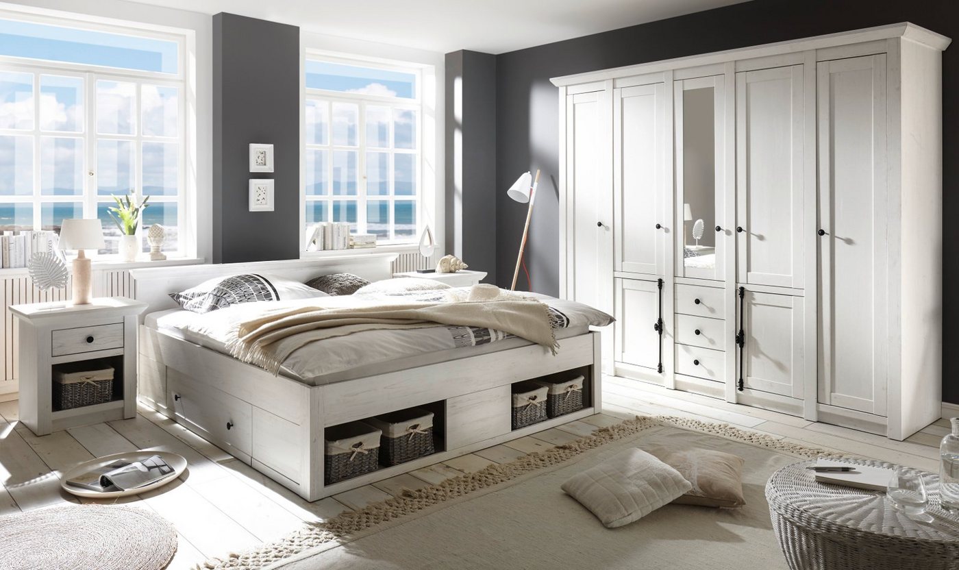 Furn.Design Schlafzimmer-Set Hooge, (in Pinie weiß Landhaus, Komplett-Set 4-teilig), inklusive 7-türiger Kleiderschrank von Furn.Design