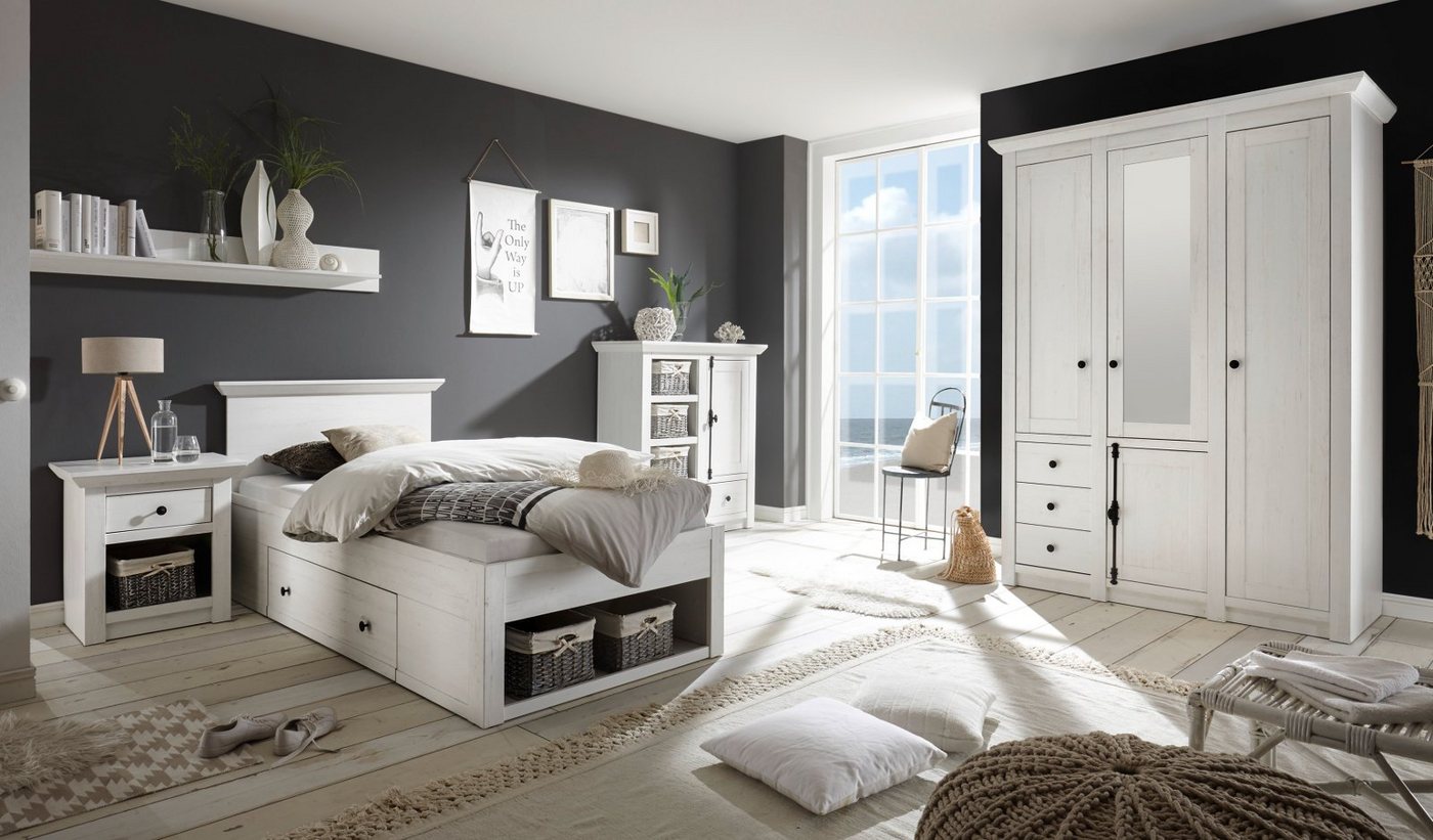 Furn.Design Schlafzimmer-Set Hooge, (in Pinie weiß Landhaus, Set 4-teilig), mit 4-türigem Kleiderschrank und Bettschubkasten von Furn.Design