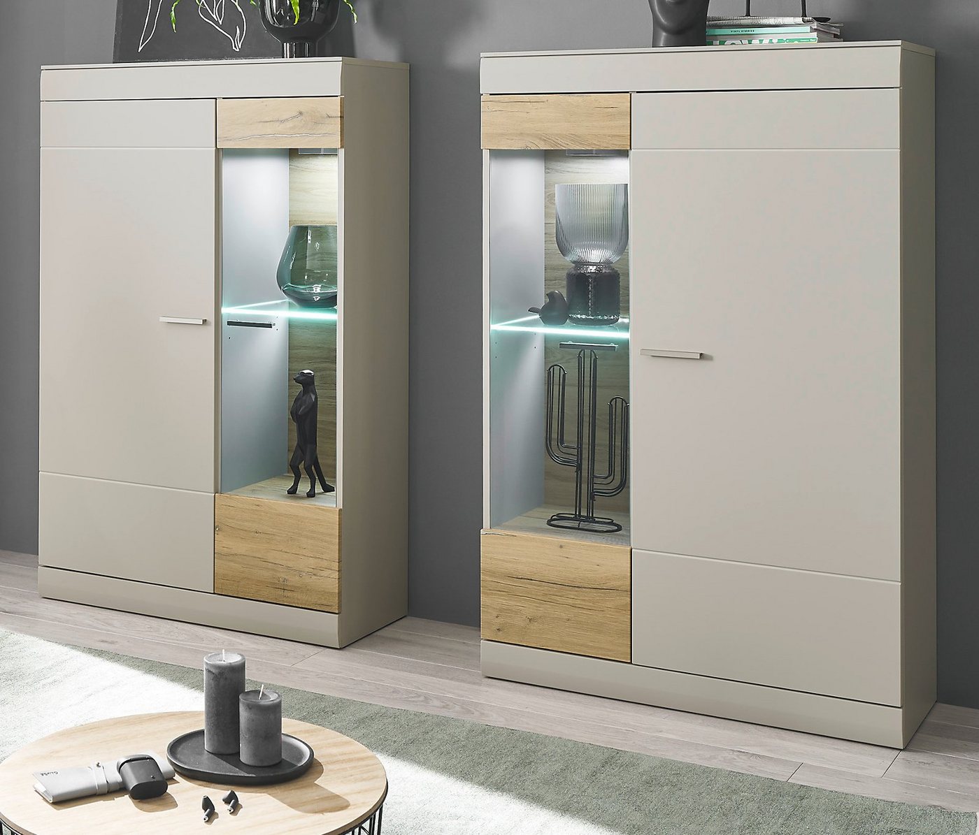 Furn.Design Schrank-Set Griego, (Vitrinen-Set in Kieselgrau mit Eiche, 2-teilig), mit Soft-Close von Furn.Design