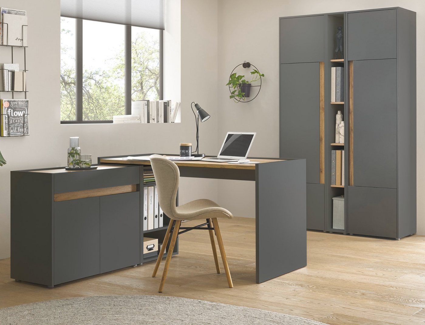 Furn.Design Schreibtisch Center (Büromöbel-Set in grau mit Wotan Eiche, Komplett-Set 6-teilig), mit viel Stauraum von Furn.Design