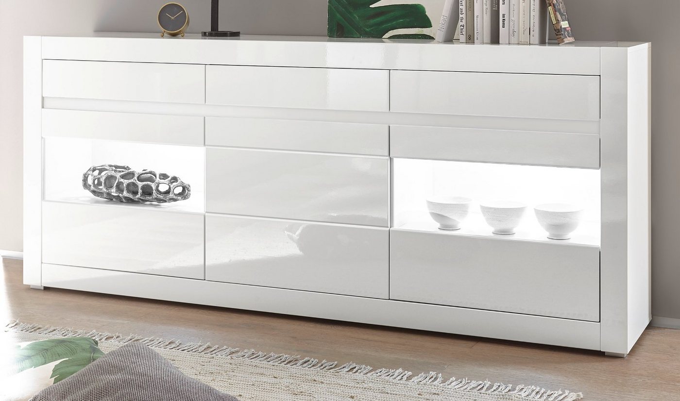Furn.Design Sideboard Nobile (Anrichte in weiß, 3 Schubladen, 3 Türen, Breite 217 cm), Hochglanz, mit Soft-Close von Furn.Design