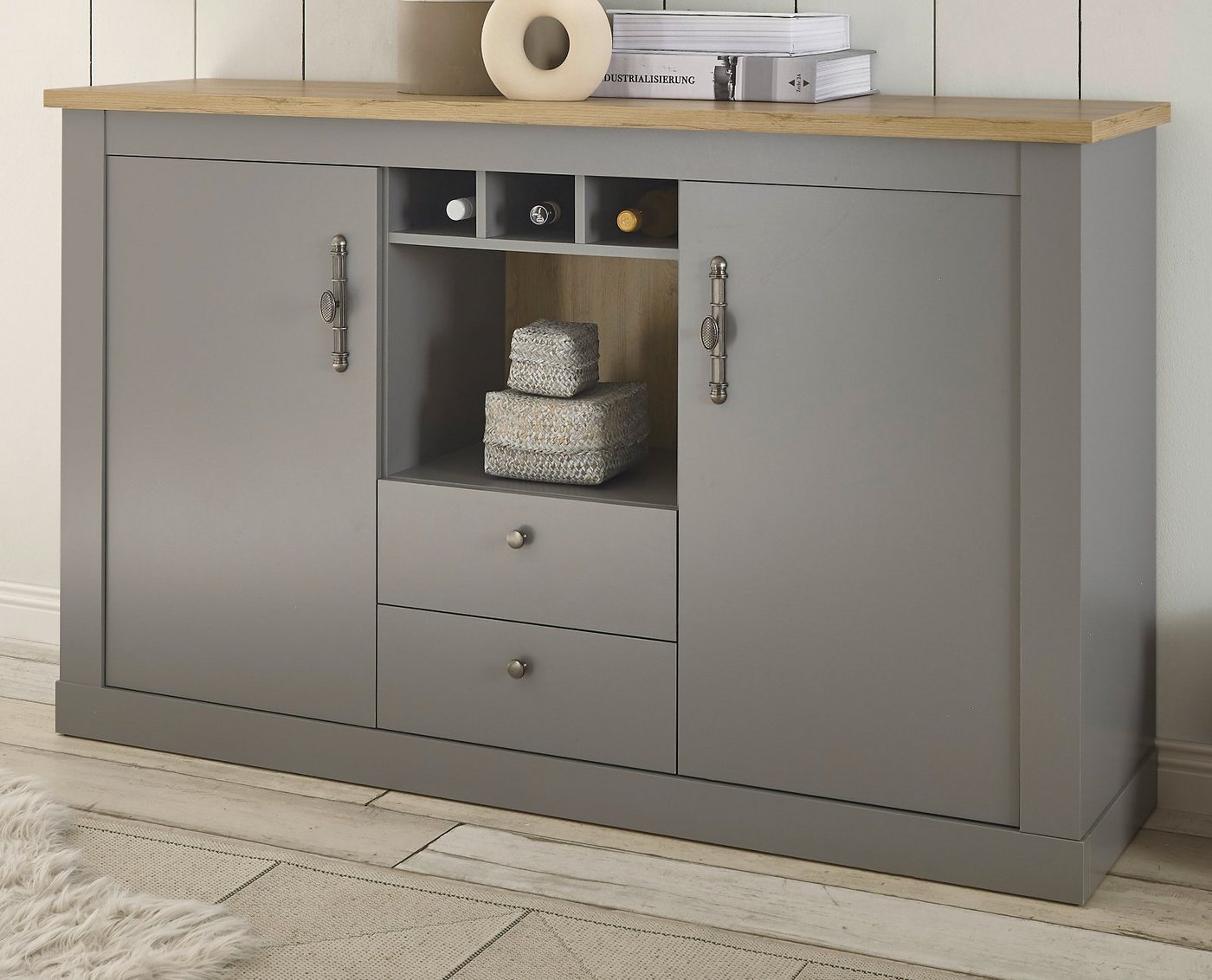 Furn.Design Sideboard Rideau (Große Kommode in grau mit Eiche Artisan, 166 x 100 cm), mit viel Stauraum und Flaschenregal, Landhausstil von Furn.Design