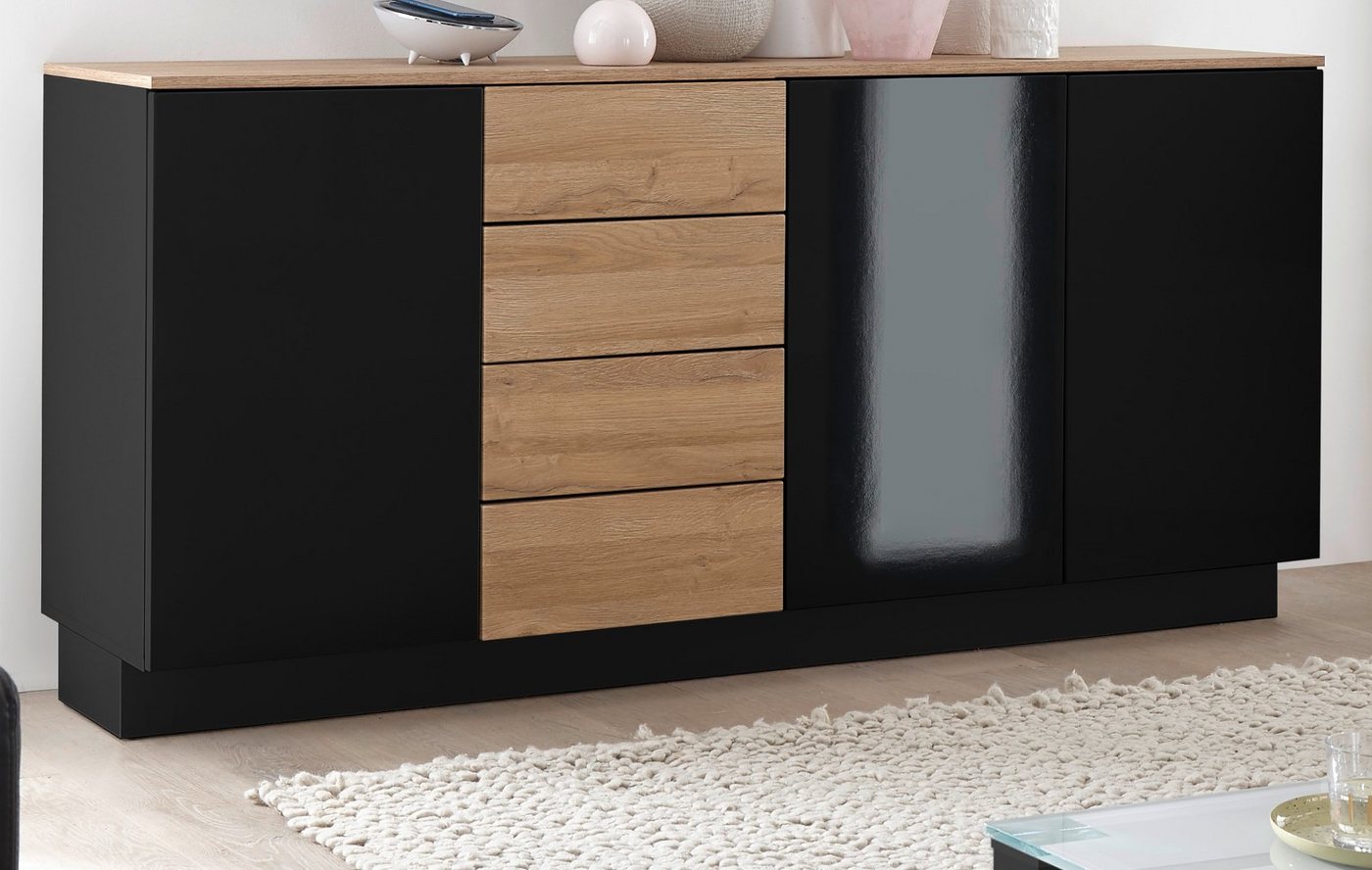 Furn.Design Sideboard Savanna (Kommode in schwarz Hochglanz mit Eiche, 181 x 85 cm), mit Push-to-Open-Funktion von Furn.Design