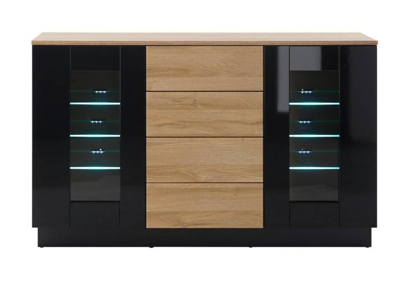 Furn.Design Sideboard Savanna (Kommode in schwarz Hochglanz und Eiche, 136 x 85 cm), mit Push-to-Open von Furn.Design