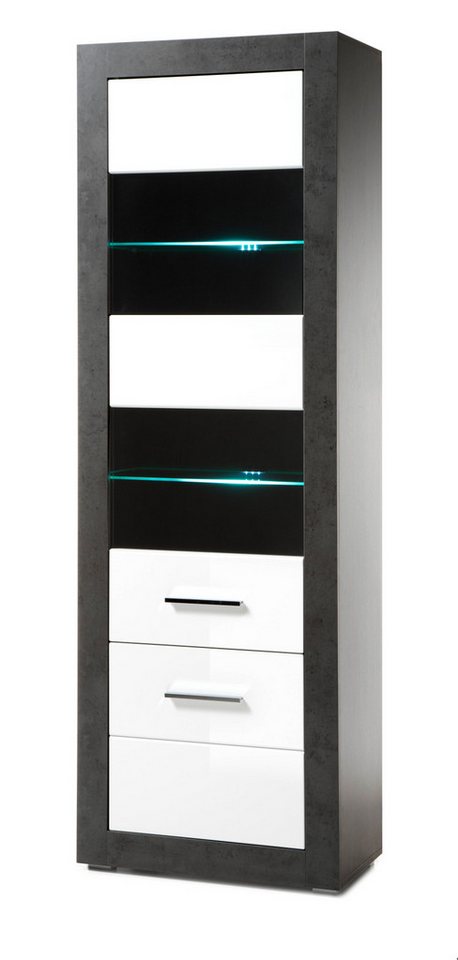 Furn.Design Standvitrine Briard (Vitrine in weiß Hochglanz und grau, 2-türig, 65 x 198 cm) mit Chrom-Griffleisten von Furn.Design