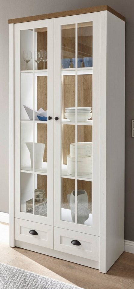 Furn.Design Standvitrine Seyne (Vitrinenschrank in Pinie weiß und Eiche, 90 x 198 cm) moderner Landhausstil von Furn.Design