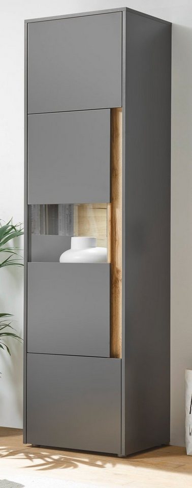 Furn.Design Stauraumvitrine Center (Vitrinenschrank 50 x 197 cm, 3-türig) grau mit Eiche von Furn.Design