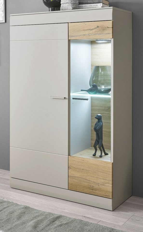 Furn.Design Stauraumvitrine Griego (Highboard in hellgrau mit Eiche, 90 x 139 cm) 8 Fächer, mit Soft-Close von Furn.Design