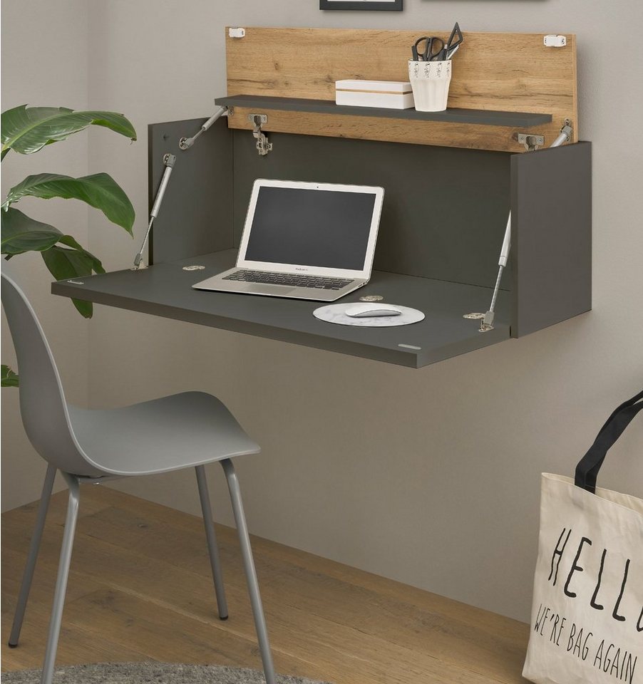 Furn.Design Wandsekretär Center (Hängeschrank in grau mit Wotan Eiche, 100 x 35 (57) cm), ausklappbar von Furn.Design