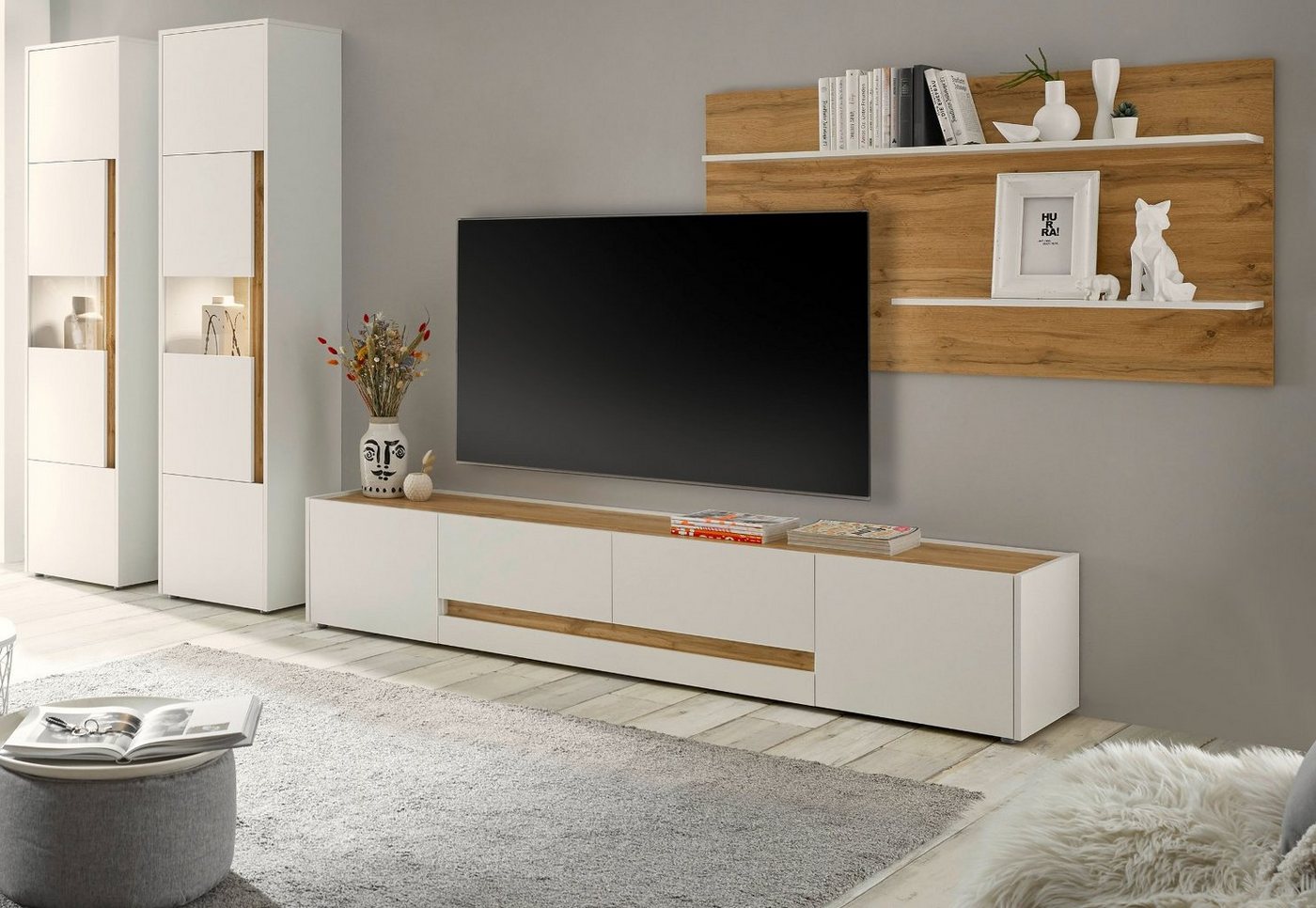 Furn.Design Wohnwand Center, (Wohnzimmer Set 5-teilig weiß und Wotan Eiche, 400 x 197 cm), auch für große Flat-TV von Furn.Design