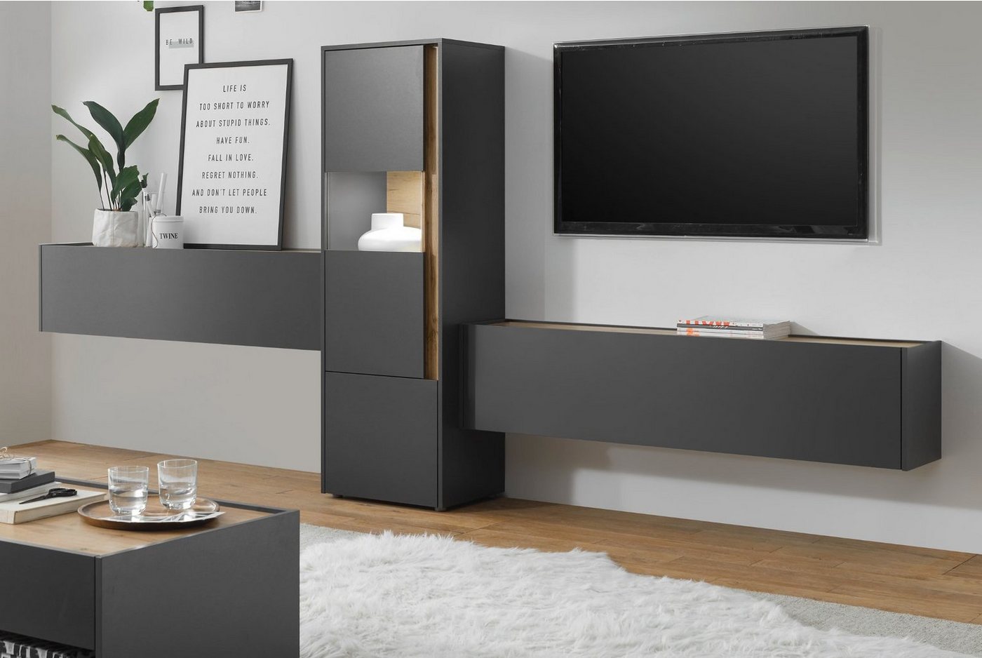 Furn.Design Wohnwand Center, (in grau mit Wotan Eiche, 3-teilig, 350 x 155 cm) von Furn.Design