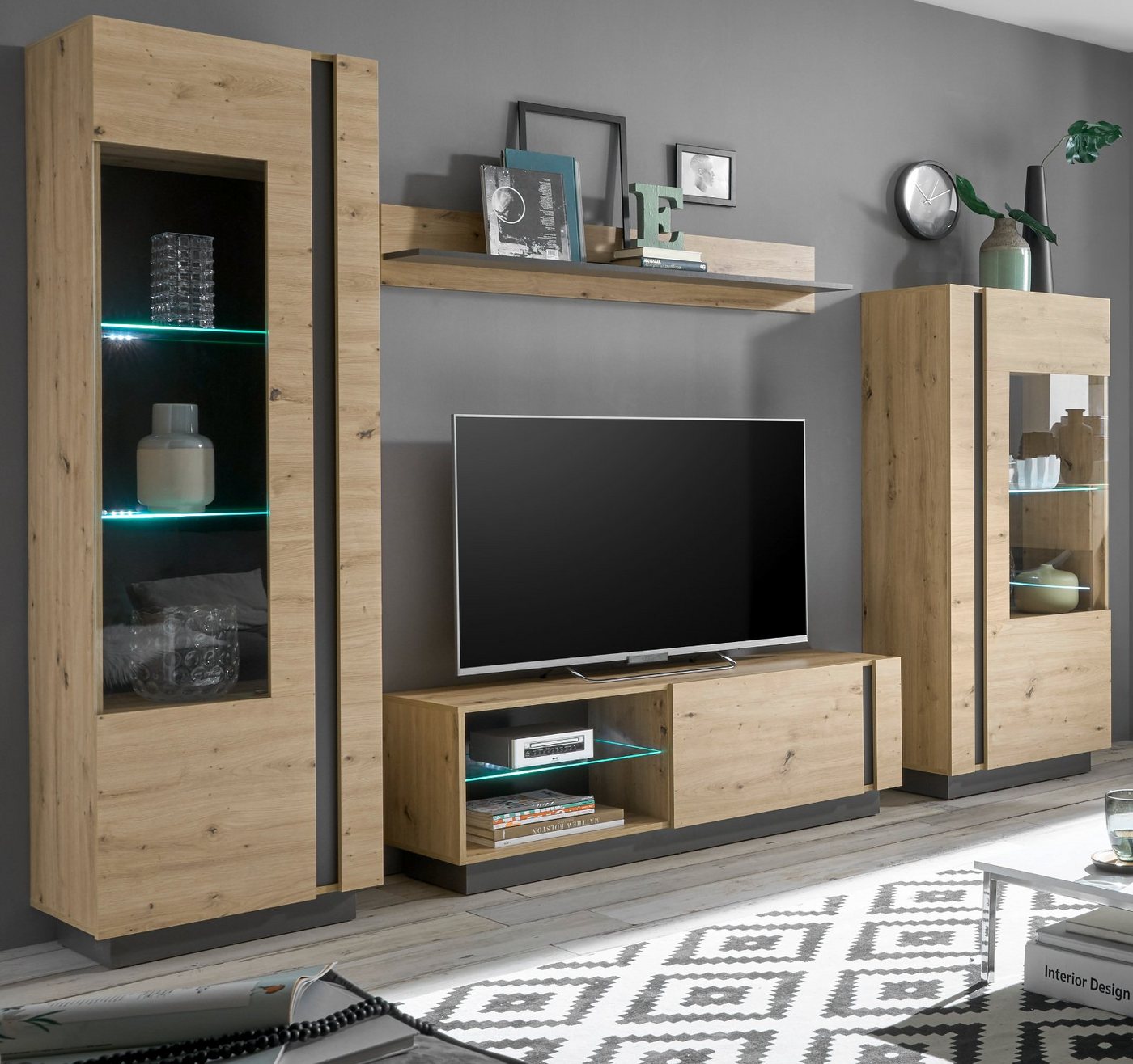 Furn.Design Wohnwand Louna, (Wohnzimmer Kombination 4-teilig, Eiche Artisan und Graphit grau, 290 x 194 cm), mit Push-To-Open und Soft-Close von Furn.Design