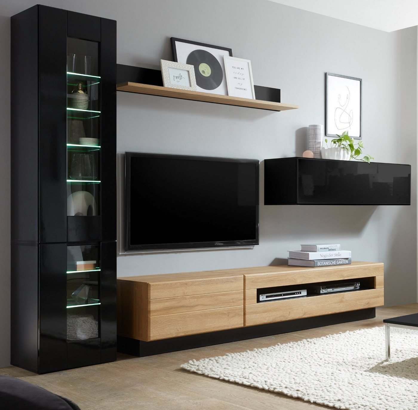 Furn.Design Wohnwand Savanna, (Wohnzimmer-Set 4-teilig in schwarz Hochglanz mit Eiche, 340 x 200 cm), mit Push-To-Open von Furn.Design