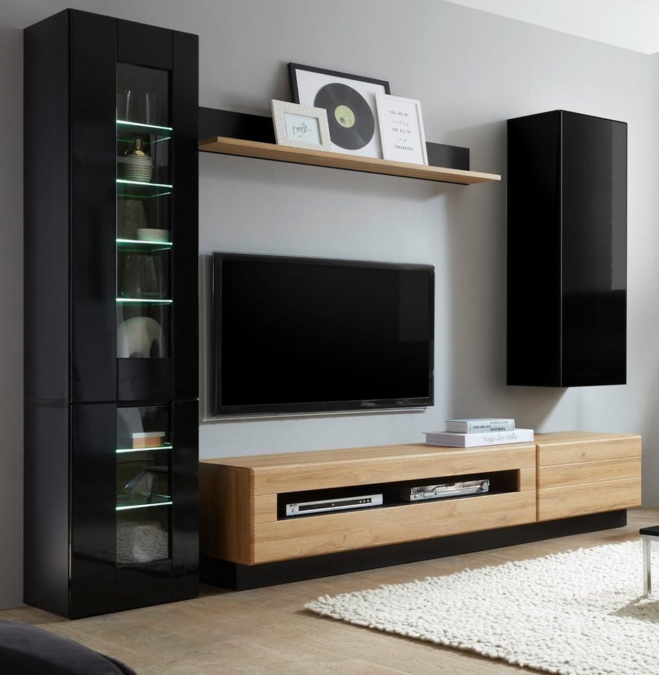 Furn.Design Wohnwand Savanna, (Wohnzimmer Set in schwarz Hochglanz und Eiche, ca. 275 x 200 cm), mit Push-to-Open von Furn.Design