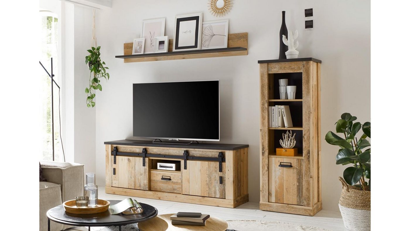 IMV Wohnwand Wohnwand Sherwood W1 Old Style hell anthrazit soft-close, (3-St) von IMV