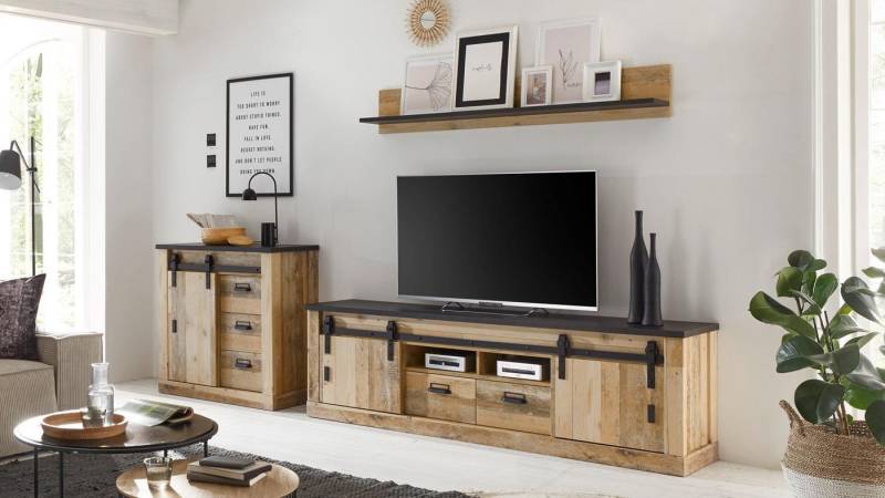 IMV Wohnwand Wohnwand Sherwood W2 Old Style hell anthrazit soft-close, (3-St) von IMV