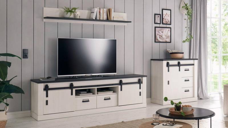 IMV Wohnwand Wohnwand Sherwood W2 Pinie weiß anthrazit mit soft-close, (3-St) von IMV