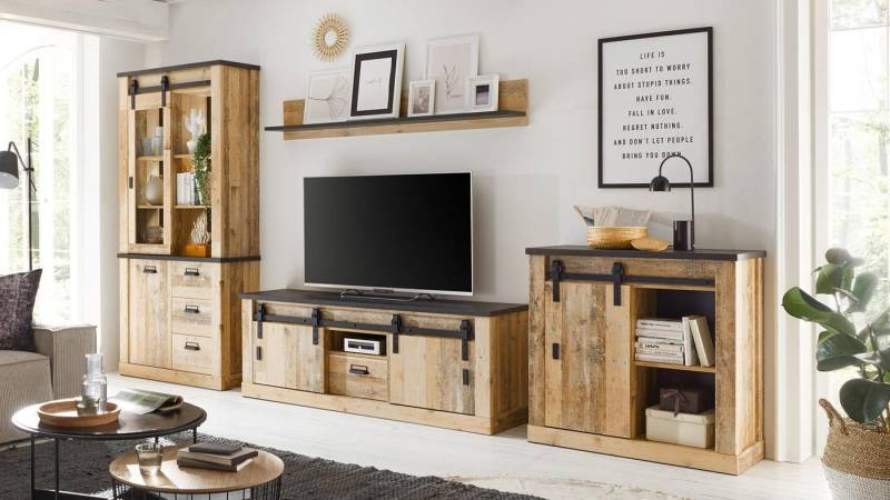 IMV Wohnwand Wohnwand Sherwood W3 Old Style hell anthrazit soft-close, (4-St) von IMV