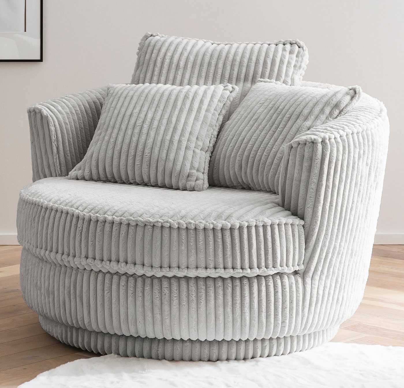 Furn.Design XXL-Sessel Comfy (Love Seat in Cord hellgrau, 120 x 120 cm), 360°drehbar, mit Bonell Federkern von Furn.Design