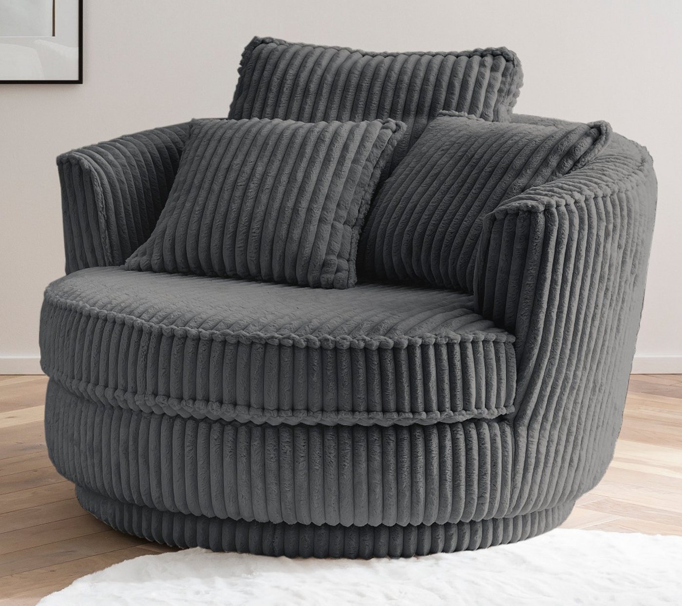 Furn.Design Loveseat Comfy (Love Seat in Mega Cord grau, 120 x 120 cm), 360° drehbar, mit Bonell Federkern von Furn.Design