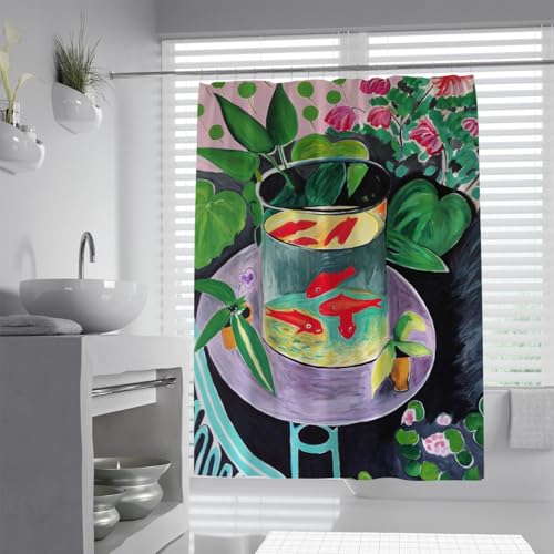 IMYOGI Exquisiter, lebendiger Duschvorhang mit Goldfischszene, botanisches Stillleben-Dekor, Kunstdruck, waschbarer Stoff, Duschvorhang-Set für Badezimmerdekoration, 90 x 180 von IMYOGI