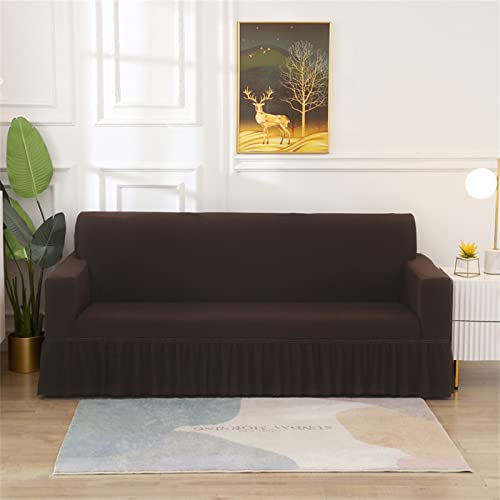 IMYOGI Hoher Stretch-Sofabezug, armloser Futon-Schonbezug mit Rüschenrock, einfarbig, Milchseide, Futon-Couchbezug, Stretch-Futon-Sofa-Bettbezug – tiefes Kaffeebraun – 3-Sitzer (190–230 cm) von IMYOGI