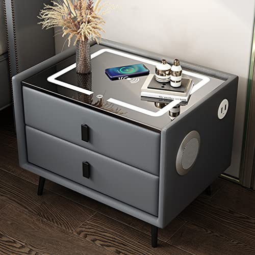 Robuster intelligenter Nachttisch mit Bluetooth-Lautsprecher und kabellosem USB-Laden, moderner multifunktionaler intelligenter Nachttisch mit 3-Farben-Dimmfunktion für Schlafzimmer (Farbe: Dunkelgrau von IMYOGI