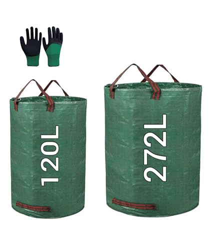 2 professionelle Gartenabfallsäcke, wiederverwendbare Gartenabfallsäcke (120 l und 272 l), Laubsäcke, Gartenabfallbeutel, robuste Säcke für Rasen und Laub, mit Gartenhandschuhen. von IN-OV