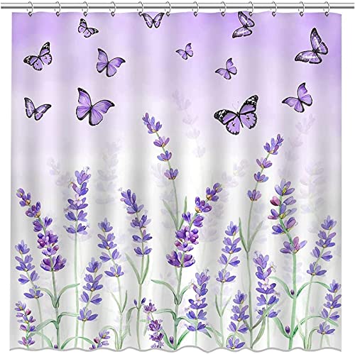 INAAYO 3D Duschvorhang 180x200 Lavendel-Schmetterling Duschvorhänge Antischimmel Wasserdicht Badevorhang Lavendel-Schmetterling Duschrollo für Badewanne Dusche Shower Curtains, 12 Duschvorhang Ringe von INAAYO