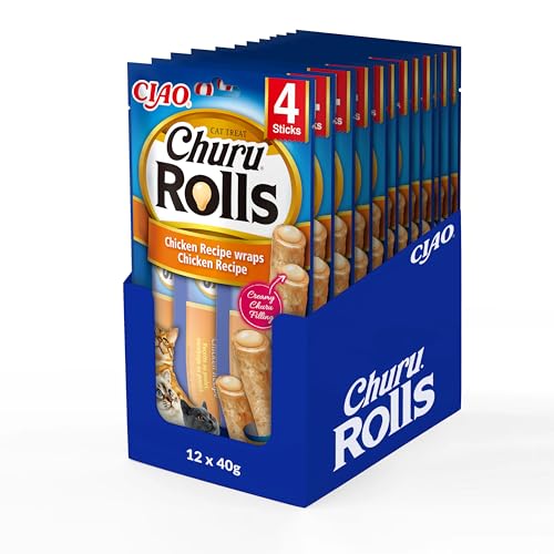 INABA Churu Rolls mit 59% Hühnerfleisch und 16% Thunfisch Katzenleckerlis | Getreidefrei, Zuckerfrei, Keine Nebenerzeugnisse Katzensnacks | Perfekt zum Verstecken von Tablette 40 g (12er Pack) von INABA