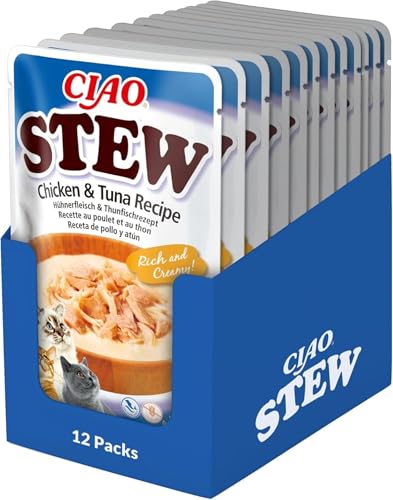 INABA Ciao Stew Katzenfutter Nass 86% Feuchtigkeit und Vitamin E, Premium Katzensuppe mit Huhn & Thunfisch 40 g (12er Pack), 100% natürliches Fleisch, Getreidefrei, Zuckerfrei von INABA