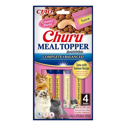 INABA Churu Meal Topper Katzenleckerlis Als Zusatz zum Trockenfutter Thunfish mit Lachs 4 x 14 g mit Taurin, Grüntee-extrakt, Vitamine von INABA