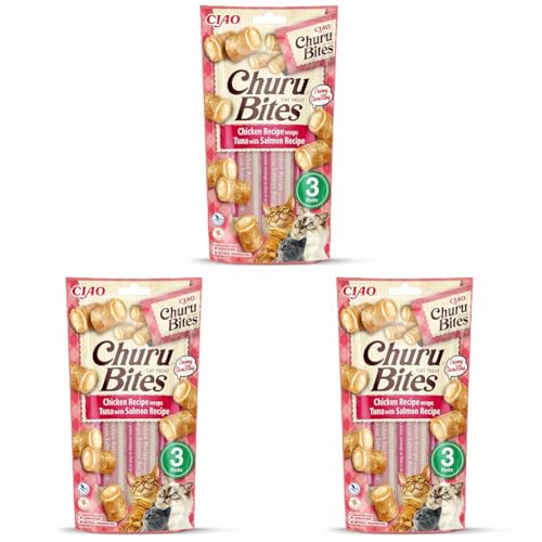 INABA Churu Bites - Katzensnacks in Knuspertaschen mit Cremiger Füllung - Leckerchen in Portionen aus Thunfisch & Lachs, 3 Tuben x10g (Packung mit 3) von INABA