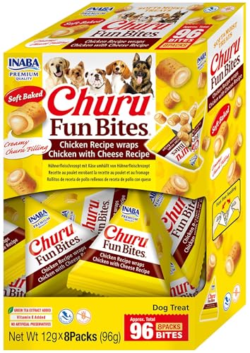INABA Churu Fun Bites Hundeleckerli mit 100% natürliches Fleisch, Getreidefrei, Zuckerfrei, Keine Nebenerzeugnisse, Hundesnacks mit Huhn & Käse 96 g (1er Pack) von INABA