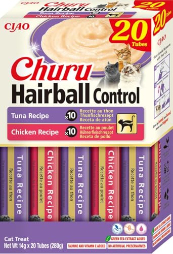 INABA Churu Hairball Control Cremige Premium Katzenleckerlis mit Taurine und Vitamin E, Huhn & Thunfisch 20 x 14 g | Getreidefrei, Zuckerfrei, 100% natürliches Fleisch INABA Churu Hairball Control Cremige Premium Katzenleckerlis mit Taurine und Vitamin E, Huhn & Thunfisch 20 x 14 g | Getreidefrei, Zuckerfrei, 100% natürliches Fleisch von INABA