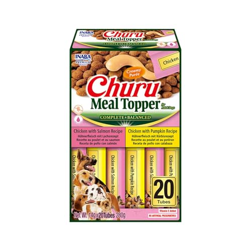 INABA Churu Meal Topper, cremiger Hundesnack mit Huhn mit Lachs und Kürbis – 20 Sticks x 14 g – Gewürz für Trockenfutter – Hundesnack ohne Konservierungsstoffe oder künstliche Farbstoffe, grainfrei von INABA
