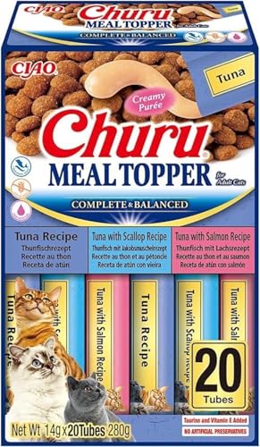 INABA Churu Meal Topper Premium Gesunde Katzenleckerlis, Thunfish Variety mit Taurin, Grüntee-extrakt, Multi Vitamine und Mineralien 20 x 14 g | Besten Katzenleckerlis für die Gesundheit Ihrer Katze von INABA