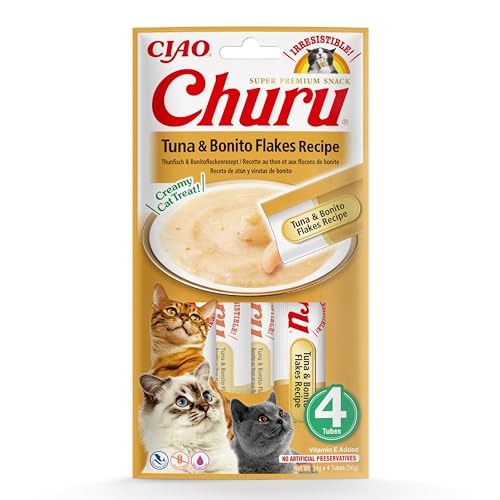 INABA Churu Püree Katzensnacks - Katzenpaste zum Füttern aus der Hand - Katzensticks mit Thunfisch & Bonitoflocken - 4 Sticks x 14 g INABA Churu Püree Katzensnacks - Katzenpaste zum Füttern aus der Hand - Katzensticks mit Thunfisch & Bonitoflocken - 4 Sticks x 14 g von INABA