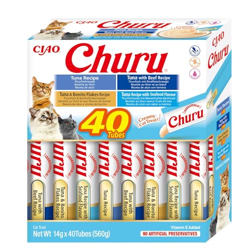 INABA Churu Katzenleckerlis Keine Nebenerzeugnisse Creamy Snack, Variety Box mit Thunfisch | Getreidefrei, Zuckerfrei, Kalorienarm, 100% natürliches Fleisch, Premium Katzen Leckerlies aus Japan 560 g von INABA