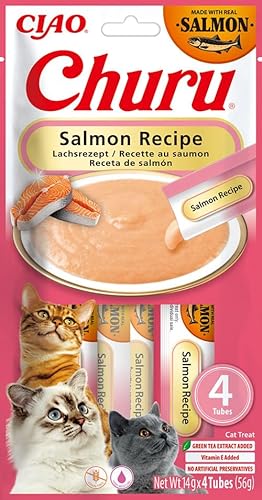 INABA Churu Katzenleckerlis Liquid Snack 88% Feuchtigkeit, Premium Cat Treats aus Japan mit Lachs 4 x 14 g von INABA