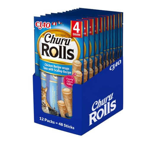 INABA Churu Rolls mit 40% Hühnerfleisch und 32% Thunfisch Katzenleckerlis | Getreidefrei, Zuckerfrei, Keine Nebenerzeugnisse Katzensnacks | Perfekt zum Verstecken von Tablette 40 g (12er Pack) von INABA