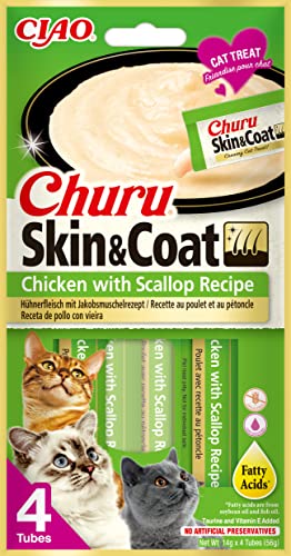 INABA Churu Skin & Coat - Pürierter Huhn und Jakobsmuschel - Omega 3 & 6 und Taurin - Cremiger - Katzenfutter für Haut & Fell - 4 Tuben x 14g von INABA