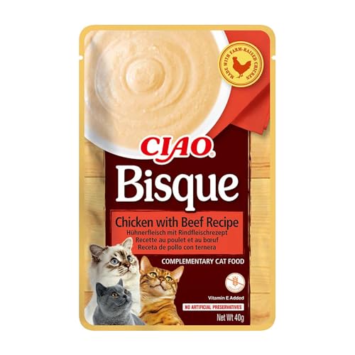 INABA Ciao Bisque Katzenfutter Nass 86% Feuchtigkeit und Vitamin E, Premium Katzensuppe mit Huhn & Rind 40 g (1er Pack), 100% natürliches Fleisch, Getreidefrei, Zuckerfrei INABA Ciao Bisque Katzenfutter Nass 86% Feuchtigkeit und Vitamin E, Premium Katzensuppe mit Huhn & Rind 40 g (1er Pack), 100% natürliches Fleisch, Getreidefrei, Zuckerfrei von INABA