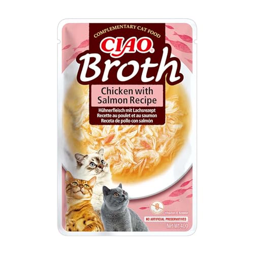 INABA Ciao Broth Katzenfutter Nass 88% Feuchtigkeit und Vitamin E, Premium Katzensuppe mit Huhn & Lachs 40 g (1er Pack), 100% natürliches Fleisch, Getreidefrei, Zuckerfrei von INABA