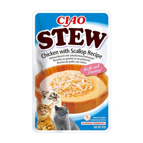 INABA Ciao Stew Katzenfutter Nass 86% Feuchtigkeit und Vitamin E, Premium Katzensuppe mit Huhn & Jakobsmuschel 40 g (1er Pack), 100% natürliches Fleisch, Getreidefrei, Zuckerfrei von INABA
